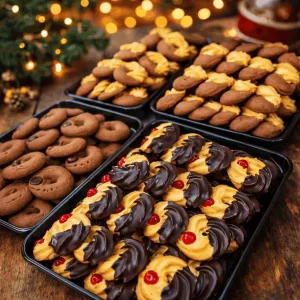 Assortimento di biscotti al burro artigianali su vassoi neri, inclusi frollini glassati al cioccolato con ciliegia candita e biscotti al cacao da tè.