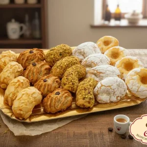 Vassoio dorato di paste di mandorla siciliane assortite: dolcetti tradizionali al pistacchio, al caffè, con mandorle a lamelle e ricoperti di zucchero a velo della pasticceria Dolci Capricci.