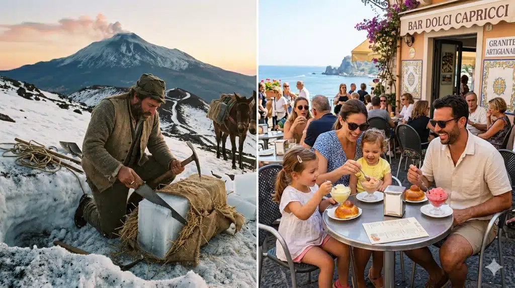 Il contrasto tra la raccolta della neve sull'Etna e una famiglia che gusta la granita al bar
