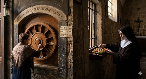 Una scena storica divisa che mostra lo scambio anonimo: a sinistra, una donna siciliana mette monete in una ruota girevole di legno contrassegnata per dolci; a destra, l'interno del monastero con una monaca di clausura che prepara un vassoio di dolci tipici come la frutta di Martorana.